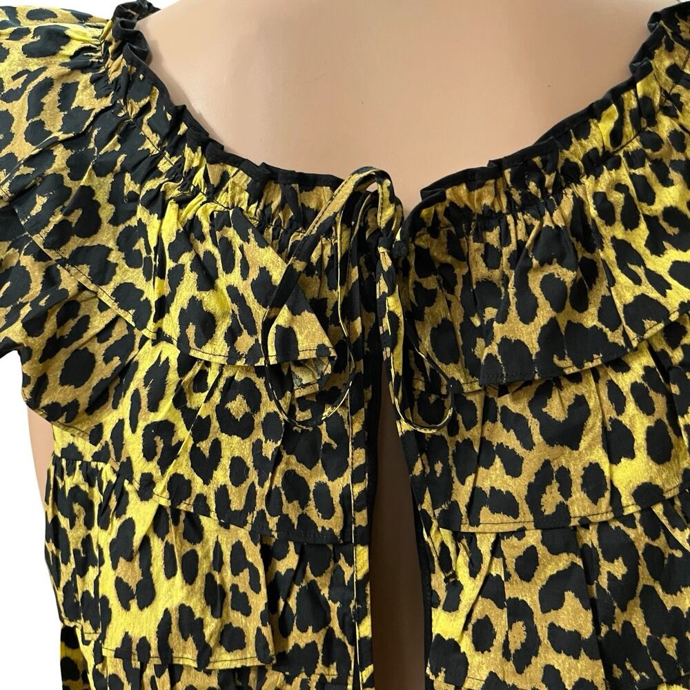 Ganni Leopard Print Blouse 38EU/Medium Tiered Ruffle Open Back Flutter Sleeve - Picture 4 of 10